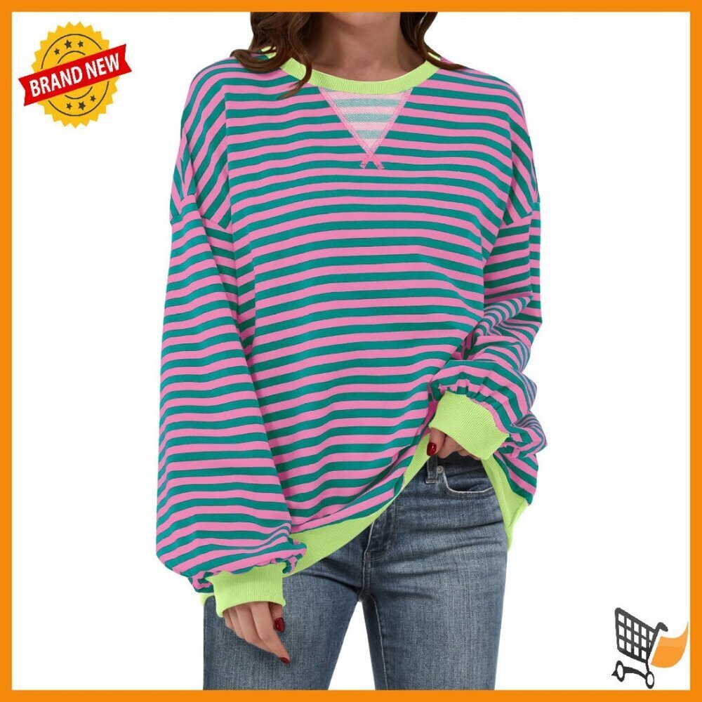 Oversized Striped Sweatshirt Y2K Pullover Top Long Sleeve Crewneck